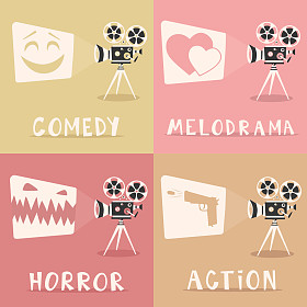 电影流派海报。卡通矢量图。电影放映机和爆米花