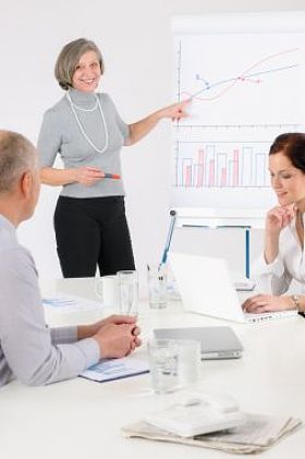 提供演示文稿的女商人点翻转-图表