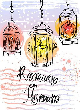 手绘斋月卡雷姆字母和灯贺卡图片