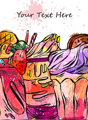 手绘矢量纹理卡奶昔。鸡尾酒饮料，水果冰沙，甜沙漠