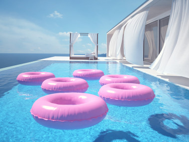 豪華游泳池和 swimmrings。3d 渲染