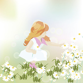 在甘菊花丛中玩耍的小女孩