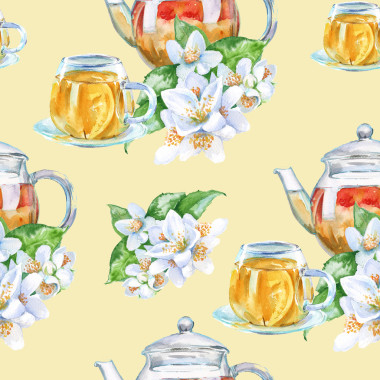 背景茶具。无缝模式。水彩插图