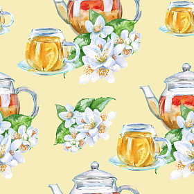 背景茶具。无缝模式。水彩插图