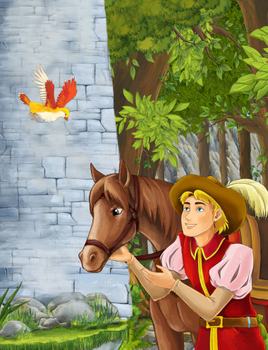 王子或旅行者遇到城堡塔图片