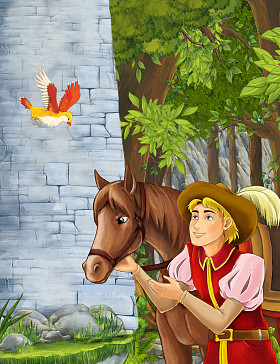 王子或旅行者遇到城堡塔图片