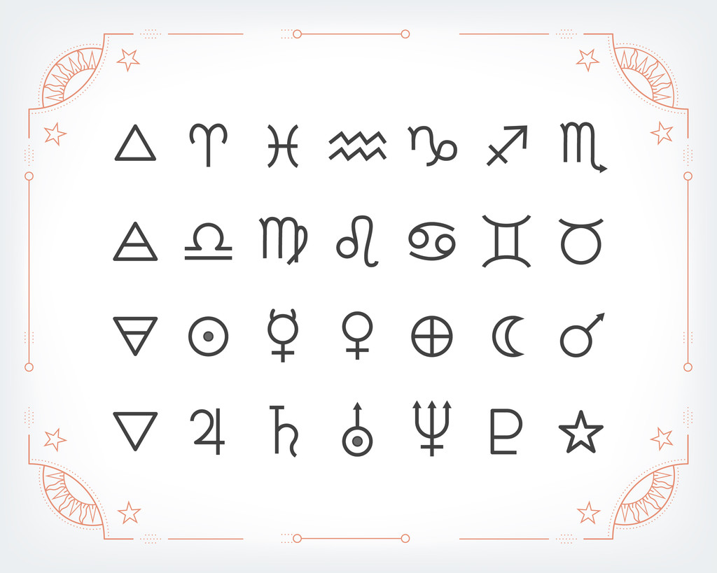 占星术符号和神秘符号。一套占星术图形设计元素。矢量图标集合 占星术符号和神秘符号。一套占星术图形设计元素。矢量图标集合