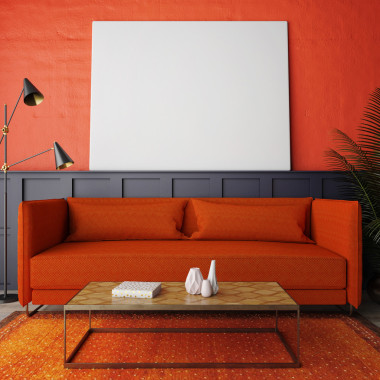 红色的客厅里，模拟了张海报，3d 渲染的概念