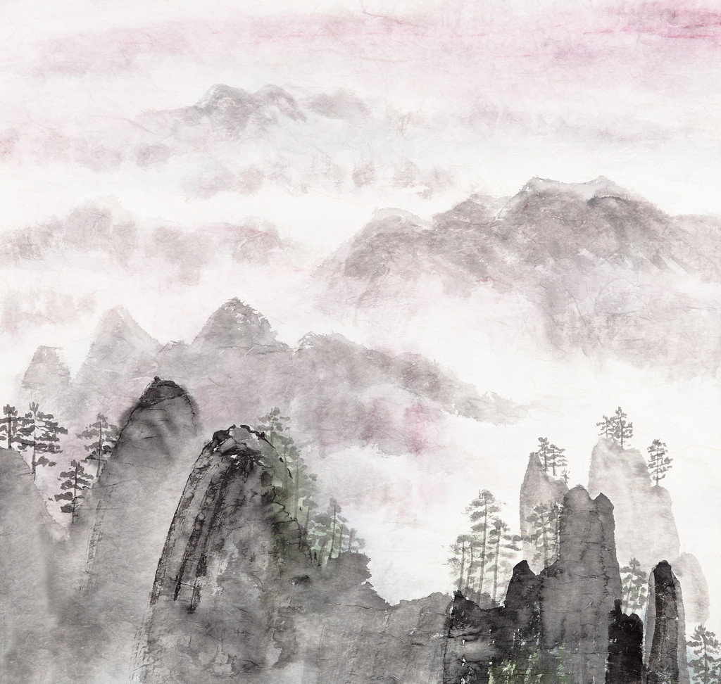 中国绘画的高山风景图片