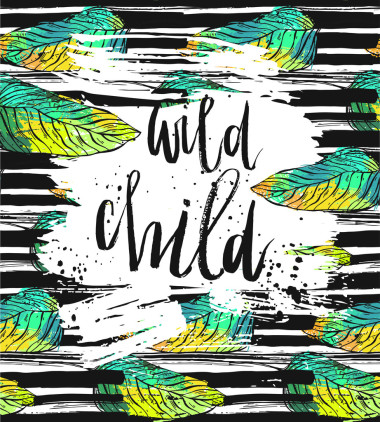 手绘矢量卡模板与墨水刻字阶段野生儿童