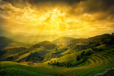 關(guān)于 Vie 日元百畝常柴梯田在夕陽的稻田