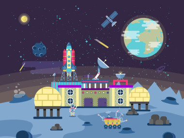 一个项目，开发行星表面、 永久性居住基地、 殖民月球和地球附近空间中平面样式的插图