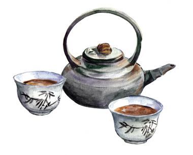 傳統(tǒng)的中國(guó)茶具。水彩