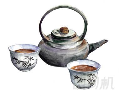 傳統(tǒng)的中國(guó)茶具。水彩