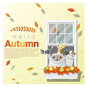 你好，秋天背景与猫、 矢量、 插图