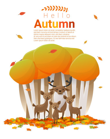 你好，秋天背景與鹿，矢量圖