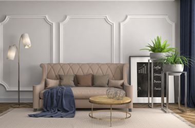 内政部与沙发。3d 图