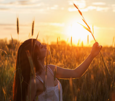 麥田在日落時的黑發(fā)美女