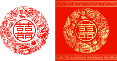 東方雙喜圖標(biāo)設(shè)計婚禮慶典、 雙溪紅和白色背景上的黃金
