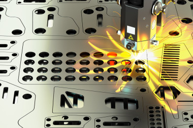 激光切割的金屬板料與火花，3d 渲染