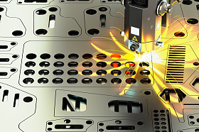 激光切割的金属板料与火花，3d 渲染