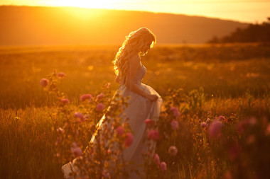 美丽的女孩在玫瑰的字段图片