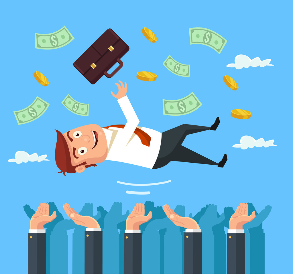 把快乐商人性格抛向空中。矢量平面卡通插画 把快乐商人性格抛向空中。矢量平面卡通插画