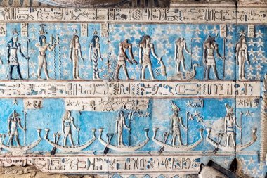 古代的彩色的壁画哈索尔神庙照片