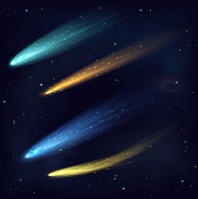 逼真色彩向量流星小行星彗星在夜空中的空间。空间宇宙银河背景