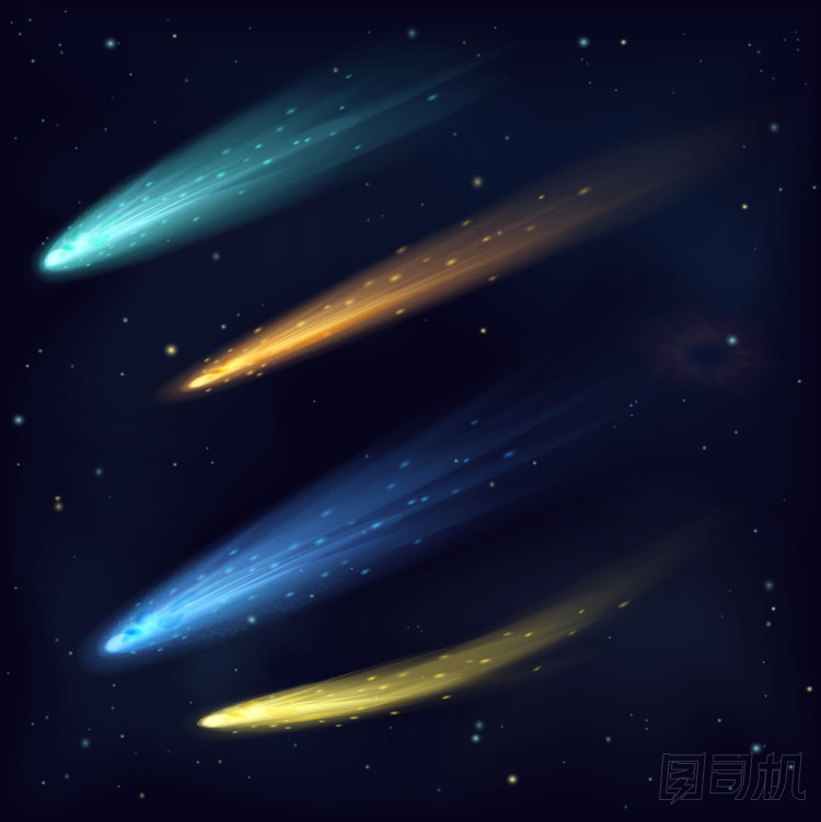 逼真色彩向量流星小行星彗星在夜空中的空間。空間宇宙銀河背景