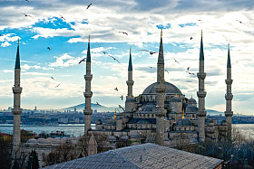 蓝色清真寺，(sultanahmet 清真寺），伊斯坦布尔，土耳其落日