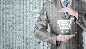 商人拿着购物车图标