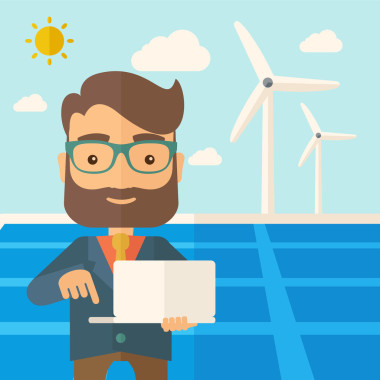 在太阳能电池板的笔记本电脑的人