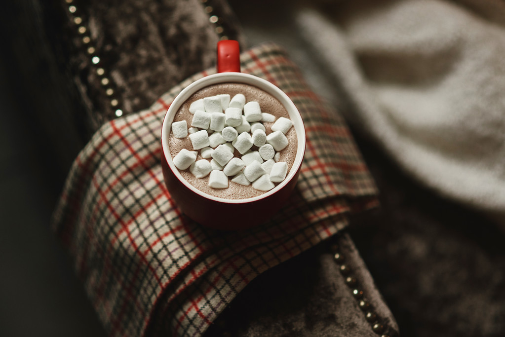 在顶视图上的格子沙发巾果汁软糖红杯可可