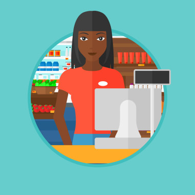 收銀員站在超市結(jié)帳.圖片