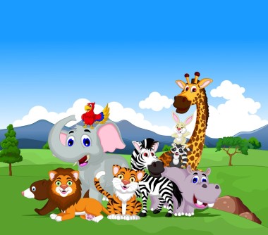 在叢林中的有趣動物卡通集合圖片