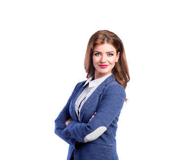 女人在衬衫和蓝色夹克，工作室射击，孤立