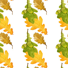 手画水彩图案与橡树叶和橡子。无缝打印