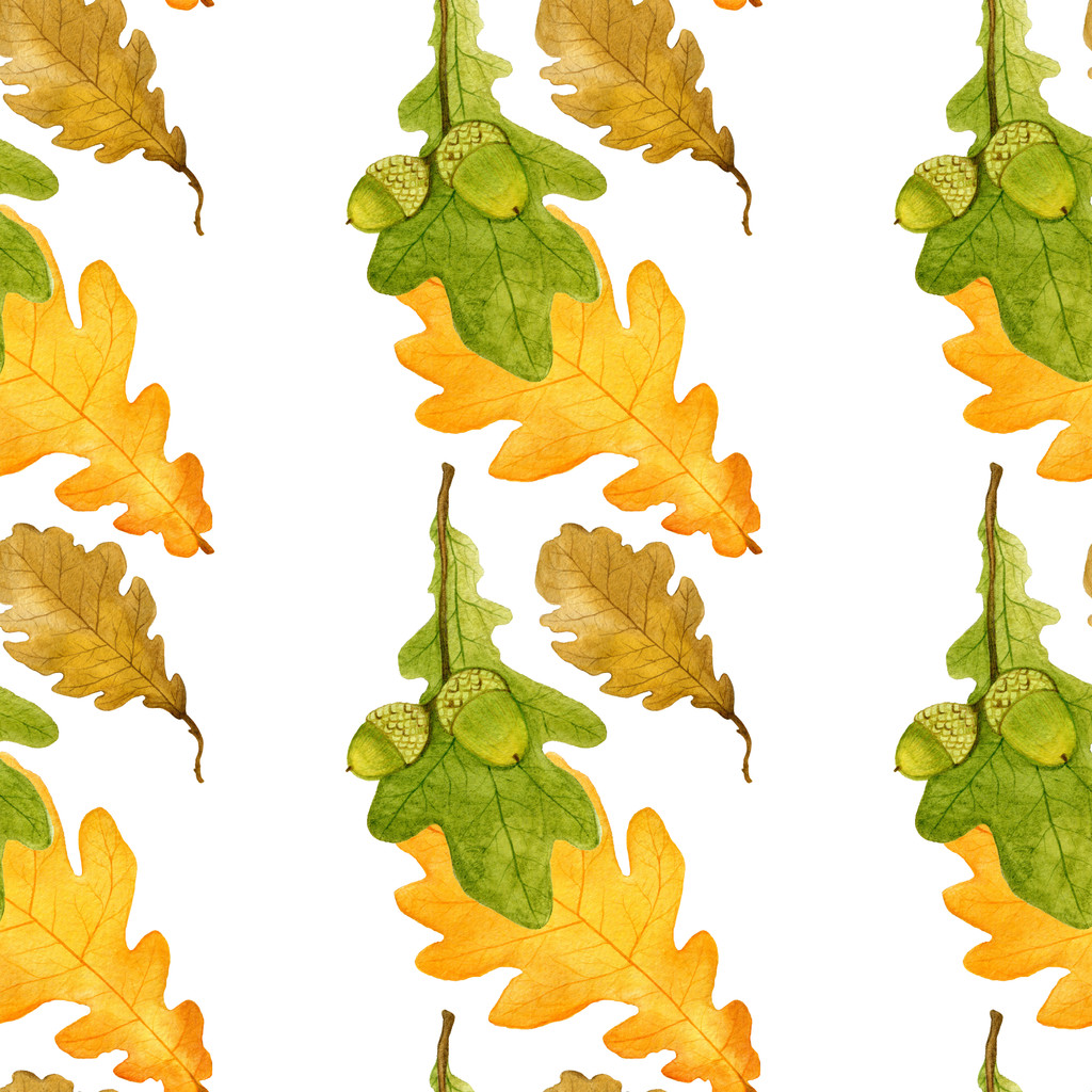 手画水彩图案与橡树叶和橡子。无缝打印 手画水彩图案与橡树叶和橡子。无缝打印