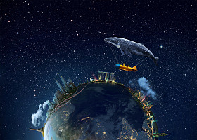 鲸鱼带着飞机和两个女孩飞越地球