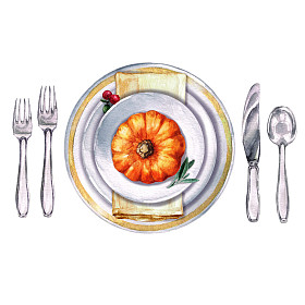 秋季餐桌装饰。地方设置-水彩插图