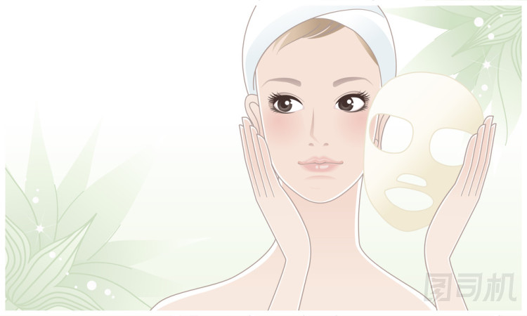 美麗的女孩，年輕女子后美容面膜綠色小花的背景上摸她的臉