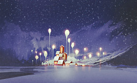 冬季景观与村庄和幻想的树木，在晚上