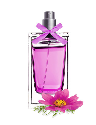 在美丽的瓶子香水与粉红色的花上白色隔离