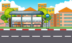 城市风貌与巴士站及建筑物图片