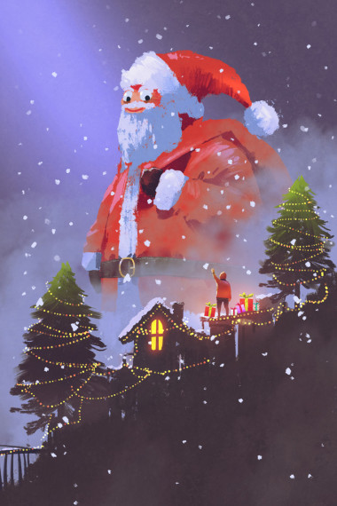 巨型圣誕老人在圣誕夜給男孩禮品盒