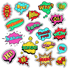 波普艺术幽默的演讲，气泡集与半色调点缀时尚徽章、 修补程序、 贴冷却形状与表达式哇，宾果，像。矢量复古背景