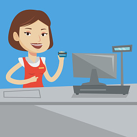 收银员结账时持有信用卡.照片