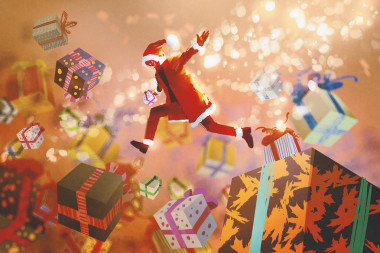 圣诞老人跳进多彩礼品盒照片