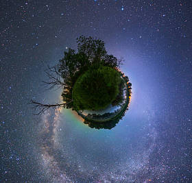 在晚上的树木的星球投影